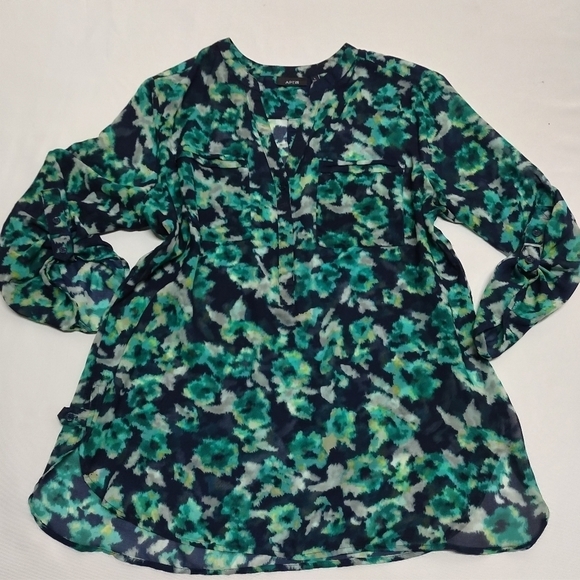 Apt. 9 Navy Blue & Teal Sheer 3/4 Sleeves Blouse Size L - Picture 3 of 12